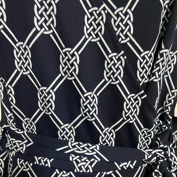 Navy Blue White Chain Link True Wrap Dress Small Timeless Classic Party Career - Picture 2 of 13